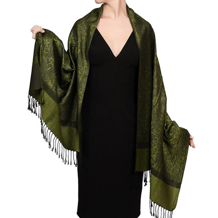 Buddha Stones Tibetan Cashew Jacquard Tassels Shawl Spring Fall Winter Warm Cozy Scarf Wrap - OliveDrab 180*70cm - image 19