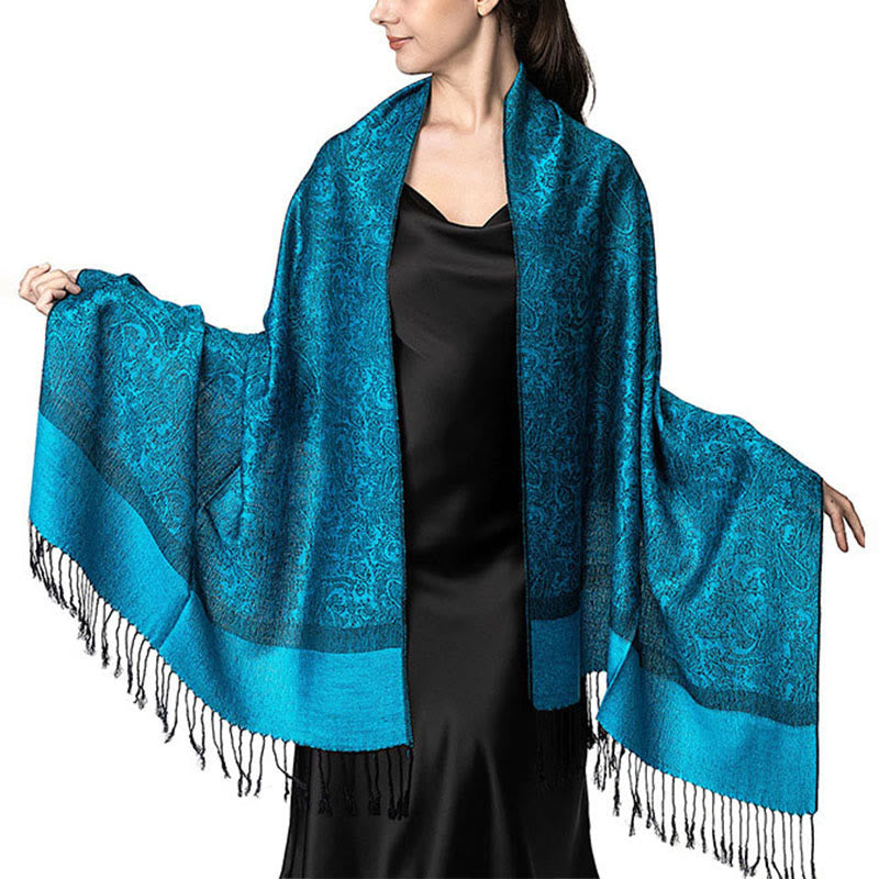 Buddha Stones Tibetan Cashew Jacquard Tassels Shawl Spring Fall Winter Warm Cozy Scarf Wrap - DodgerBlue 180*70cm - image 10