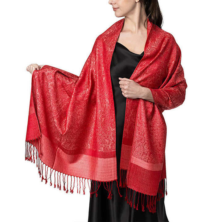 Buddha Stones Tibetan Cashew Jacquard Tassels Shawl Spring Fall Winter Warm Cozy Scarf Wrap - OrangeRed 180*70cm - image 13