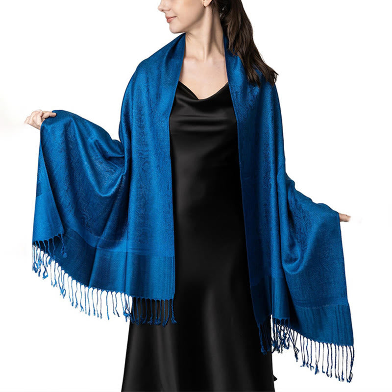 Buddha Stones Tibetan Cashew Jacquard Tassels Shawl Spring Fall Winter Warm Cozy Scarf Wrap - MediumBlue 180*70cm - image 16