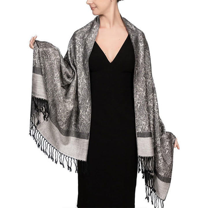 Buddha Stones Tibetan Cashew Jacquard Tassels Shawl Spring Fall Winter Warm Cozy Scarf Wrap - Silver 180*70cm - image 17