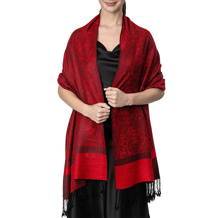 Buddha Stones Tibetan Cashew Jacquard Tassels Shawl Spring Fall Winter Warm Cozy Scarf Wrap - Red 180*70cm - image 20