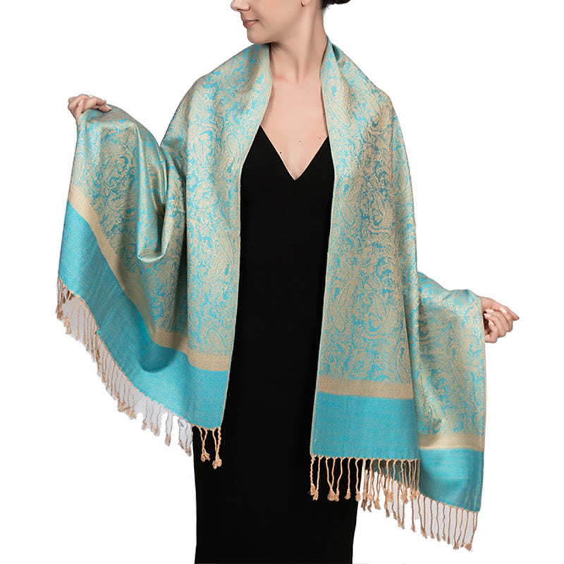 Buddha Stones Tibetan Cashew Jacquard Tassels Shawl Spring Fall Winter Warm Cozy Scarf Wrap - Turquoise 180*70cm - image 27
