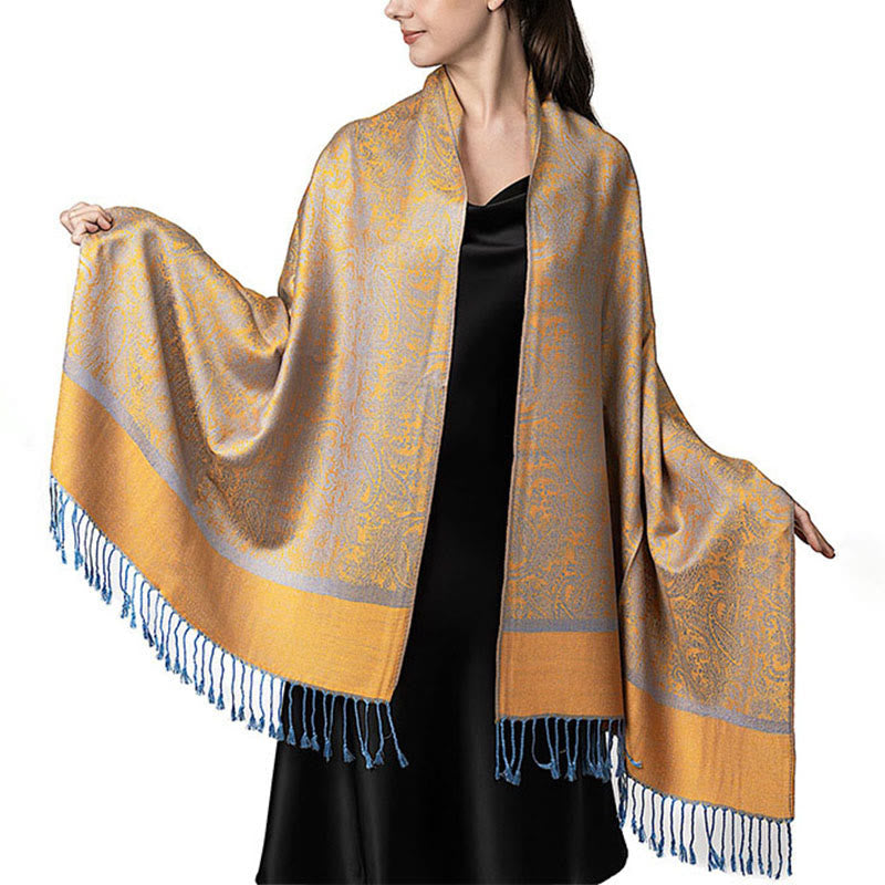 Buddha Stones Tibetan Cashew Jacquard Tassels Shawl Spring Fall Winter Warm Cozy Scarf Wrap - Gold 180*70cm - image 28