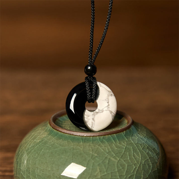 Buddha Stones Natural Black Obsidian White Turquoise Yin Yang Peace Buckle Design Braided String Strength Necklace Pendant