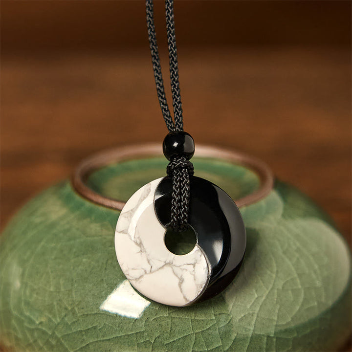 Buddha Stones Natural Black Obsidian White Turquoise Yin Yang Peace Buckle Design Braided String Strength Necklace Pendant