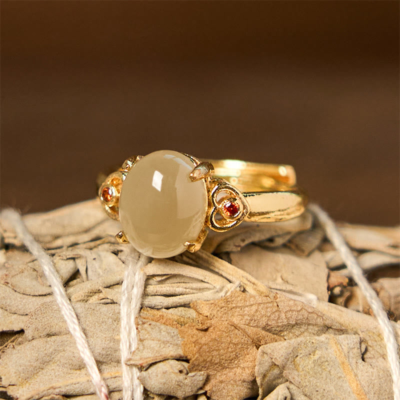 Buddha Stones Natural Hetian Jade Egg Heart-shaped Copper Luck Open Ring - image 1