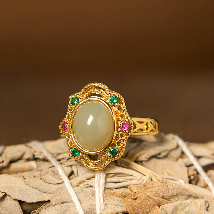 Buddha Stones Natural Hetian Jade Egg Hollow Pattern Copper Open Luck Ring