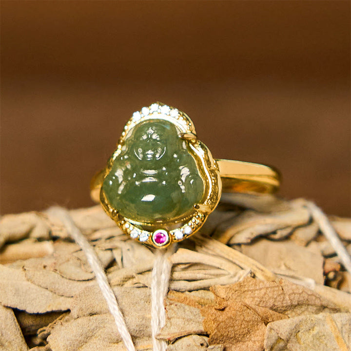 Buddha Stones Natural Hetian Jade Egg Gourd Copper Laughing Buddha Open Luck Ring