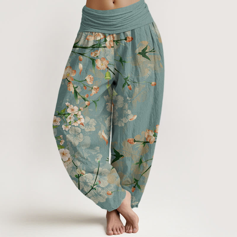 Buddha Stones Cotton Peach Blossoms Flying Geese Pattern Women's Elastic Waist Harem Pants - MediumAquamarine - US22，UK/AU26，EU54 (6XL) - image 0