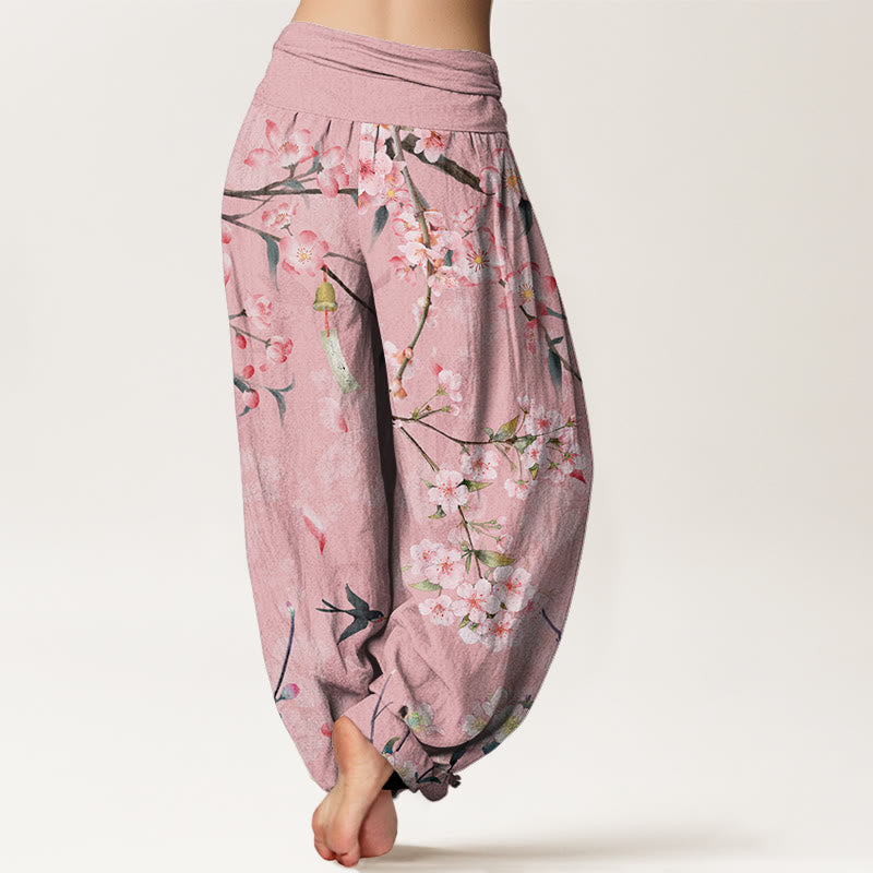 Buddha Stones Cotton Peach Blossoms Flying Geese Pattern Women's Elastic Waist Harem Pants - image 6
