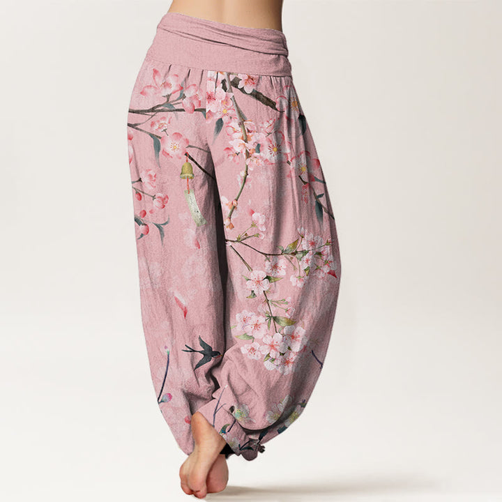 Buddha Stones Cotton Peach Blossoms Flying Geese Pattern Women's Elastic Waist Harem Pants - image 6