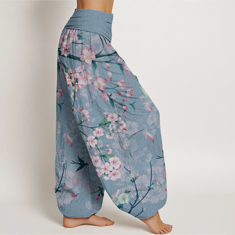 Buddha Stones Cotton Peach Blossoms Flying Geese Pattern Women's Elastic Waist Harem Pants - image 8
