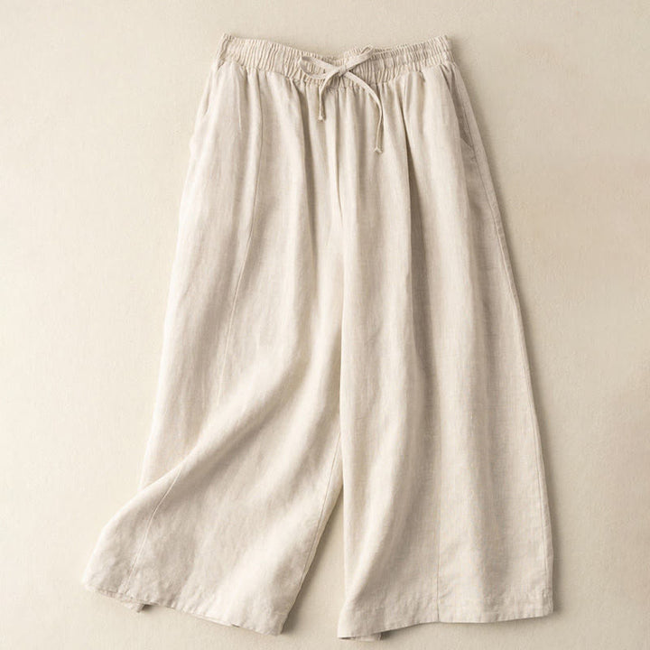 Buddha Stones Plain Color Cropped Pants Cotton Linen Women's Wide Leg Pants With Pockets