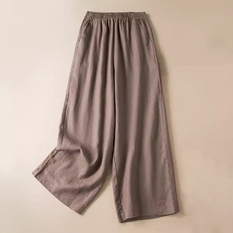 Buddha Stones Casual Solid Color Cotton Linen Women's Wide Leg Pants With Pockets