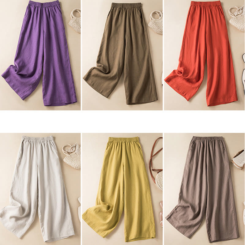 Buddha Stones Casual Solid Color Cotton Linen Women's Wide Leg Pants With Pockets