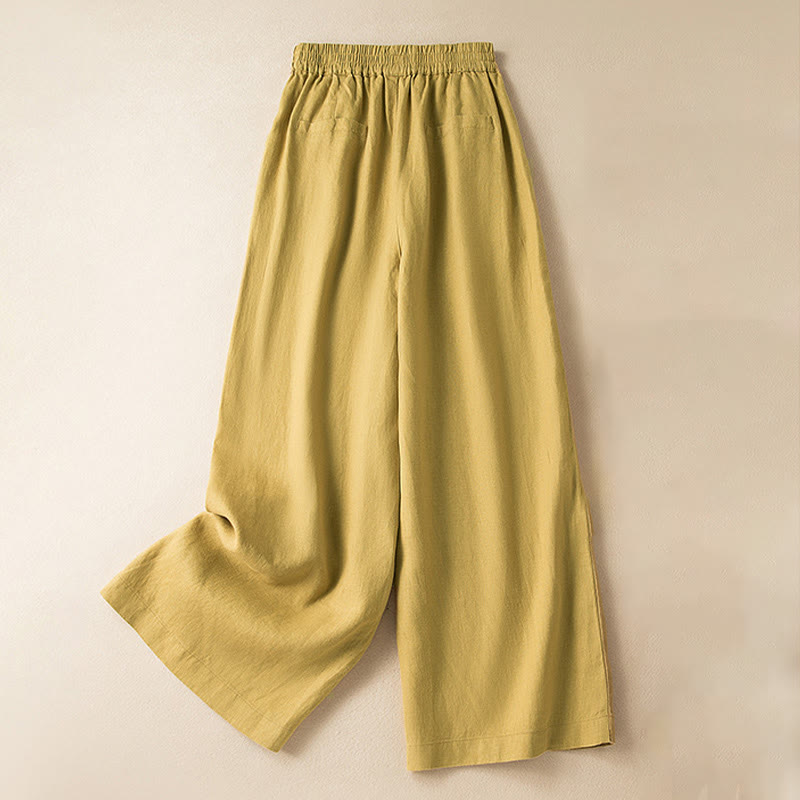 Buddha Stones Casual Solid Color Cotton Linen Women's Wide Leg Pants With Pockets