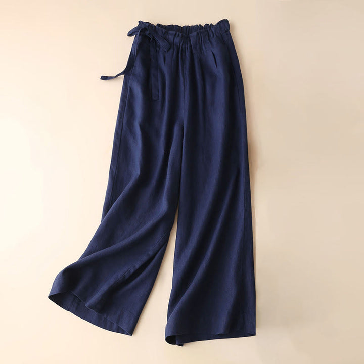 Buddha Stones Casual Plain Color Lace-up Cotton Linen Women's Wide Leg Pants - Navy - US12，UK/AU16，EU44 (3XL) - image 5