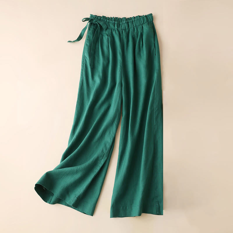 Buddha Stones Casual Plain Color Lace-up Cotton Linen Women's Wide Leg Pants - SeaGreen - US12，UK/AU16，EU44 (3XL) - image 9