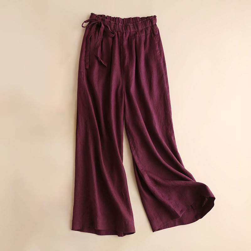 Buddha Stones Casual Plain Color Lace-up Cotton Linen Women's Wide Leg Pants - Maroon - US12，UK/AU16，EU44 (3XL) - image 13