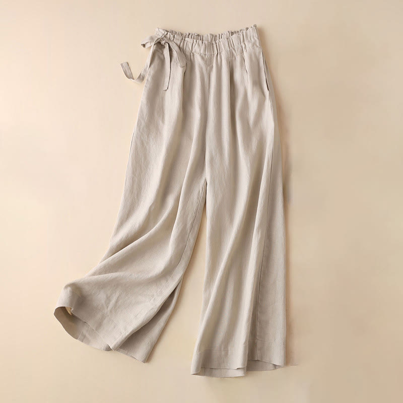 Buddha Stones Casual Plain Color Lace-up Cotton Linen Women's Wide Leg Pants - Beige - US12，UK/AU16，EU44 (3XL) - image 22