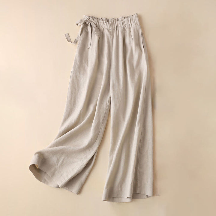 Buddha Stones Casual Plain Color Lace-up Cotton Linen Women's Wide Leg Pants - Beige - US12，UK/AU16，EU44 (3XL) - image 22