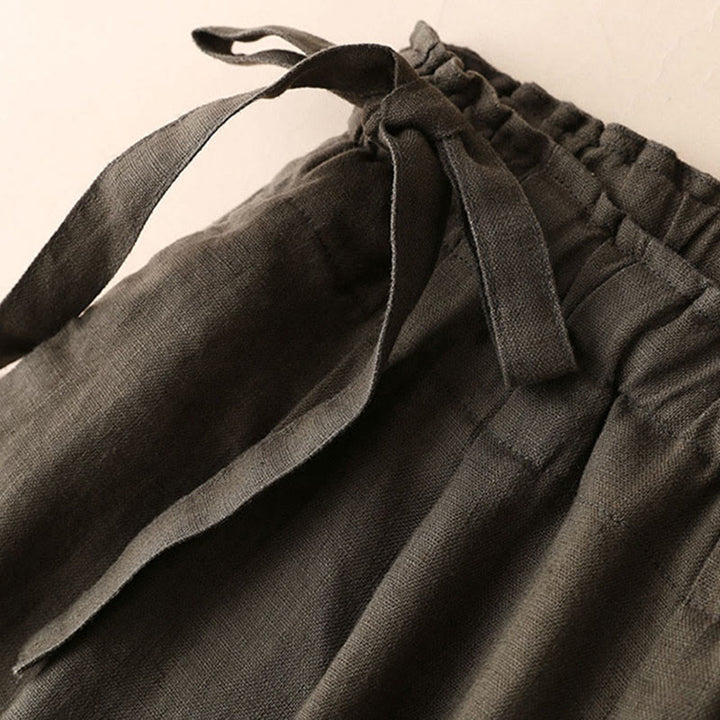 Buddha Stones Casual Plain Color Lace-up Cotton Linen Women's Wide Leg Pants - image 29