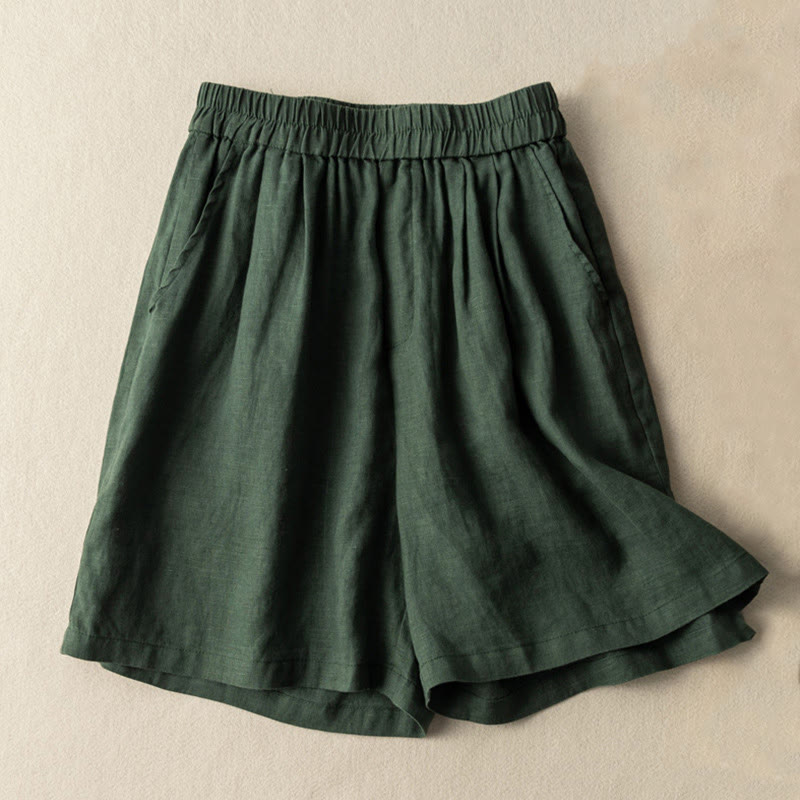 Buddha Stones Casual Plain Color Cotton Linen Women's Shorts With Pockets