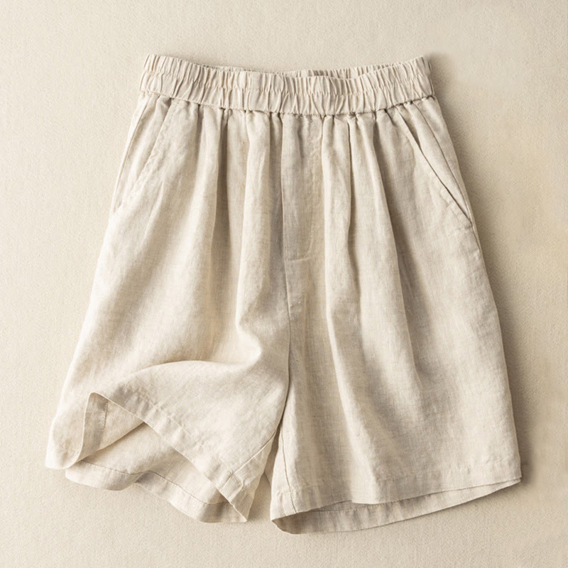 Buddha Stones Casual Plain Color Cotton Linen Women's Shorts With Pockets