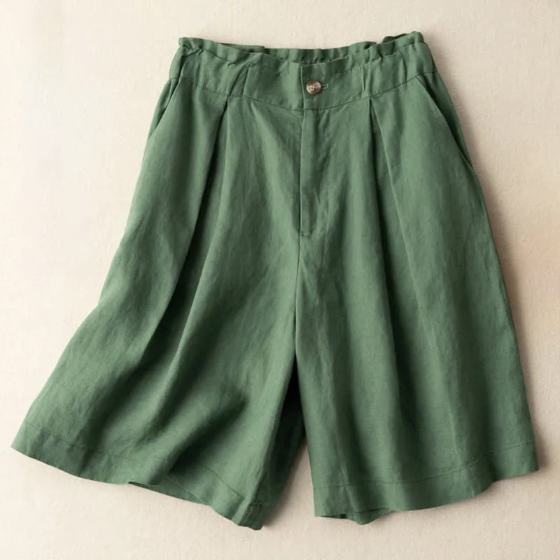 Buddha Stones Casual Solid Color Button Zipper Cotton Linen Women's Shorts With Pockets