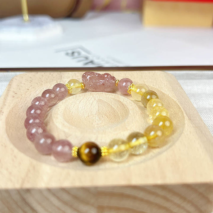 Buddha Stones Strawberry Quartz Pixiu Rutilated Quartz Beads Healing Bracelet