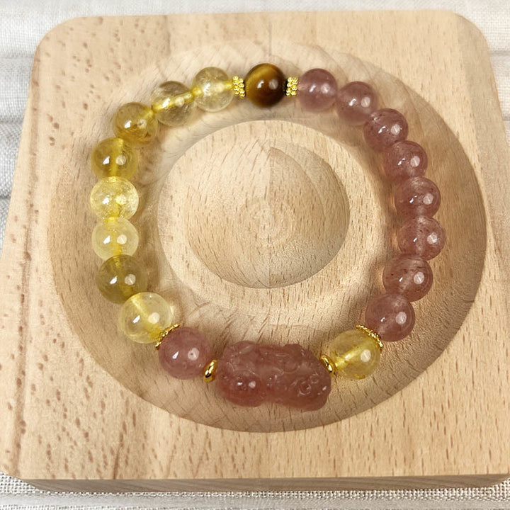 Buddha Stones Strawberry Quartz Pixiu Rutilated Quartz Beads Healing Bracelet