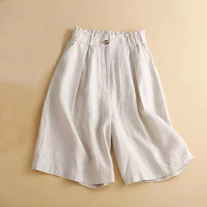 Buddha Stones Plain Color Pleated Zipper Button Cotton Linen Women's Shorts With Pockets - Beige - US12，UK/AU16，EU44 (3XL) - image 9