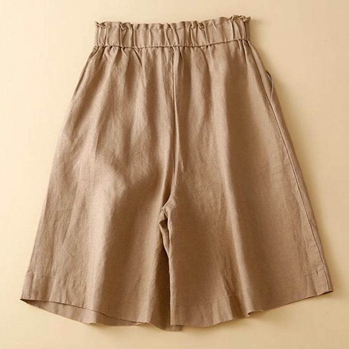 Buddha Stones Plain Color Pleated Zipper Button Cotton Linen Women's Shorts With Pockets - image 2