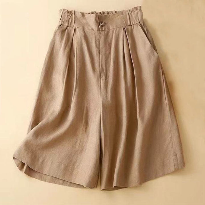 Buddha Stones Plain Color Pleated Zipper Button Cotton Linen Women's Shorts With Pockets