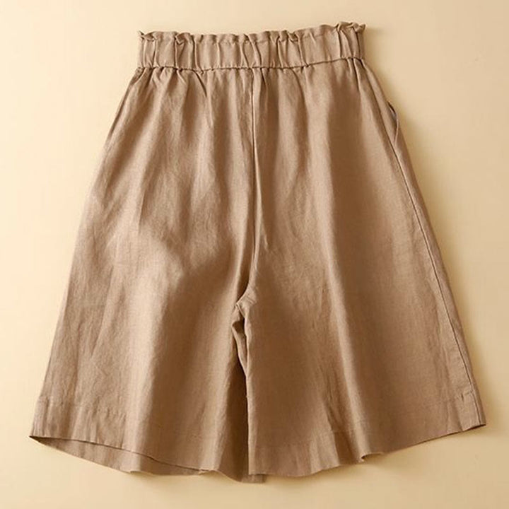 Buddha Stones Plain Color Pleated Zipper Button Cotton Linen Women's Shorts With Pockets