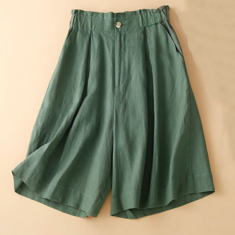 Buddha Stones Plain Color Pleated Zipper Button Cotton Linen Women's Shorts With Pockets