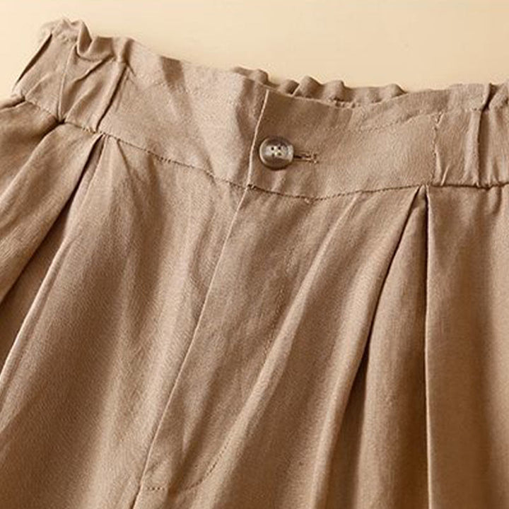Buddha Stones Plain Color Pleated Zipper Button Cotton Linen Women's Shorts With Pockets - image 3