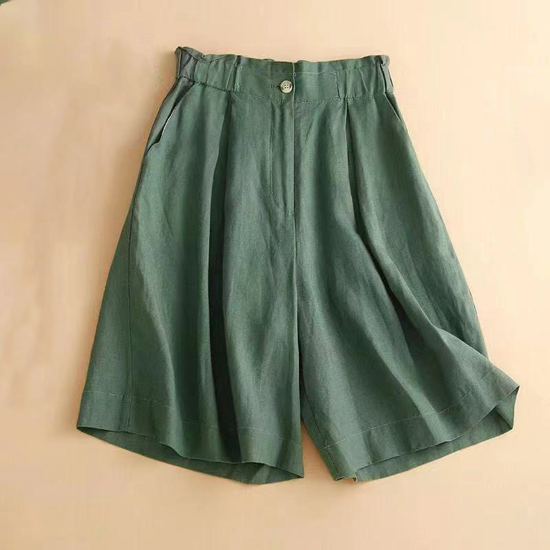 Buddha Stones Plain Color Pleated Zipper Button Cotton Linen Women's Shorts With Pockets - SeaGreen - US12，UK/AU16，EU44 (3XL) - image 14