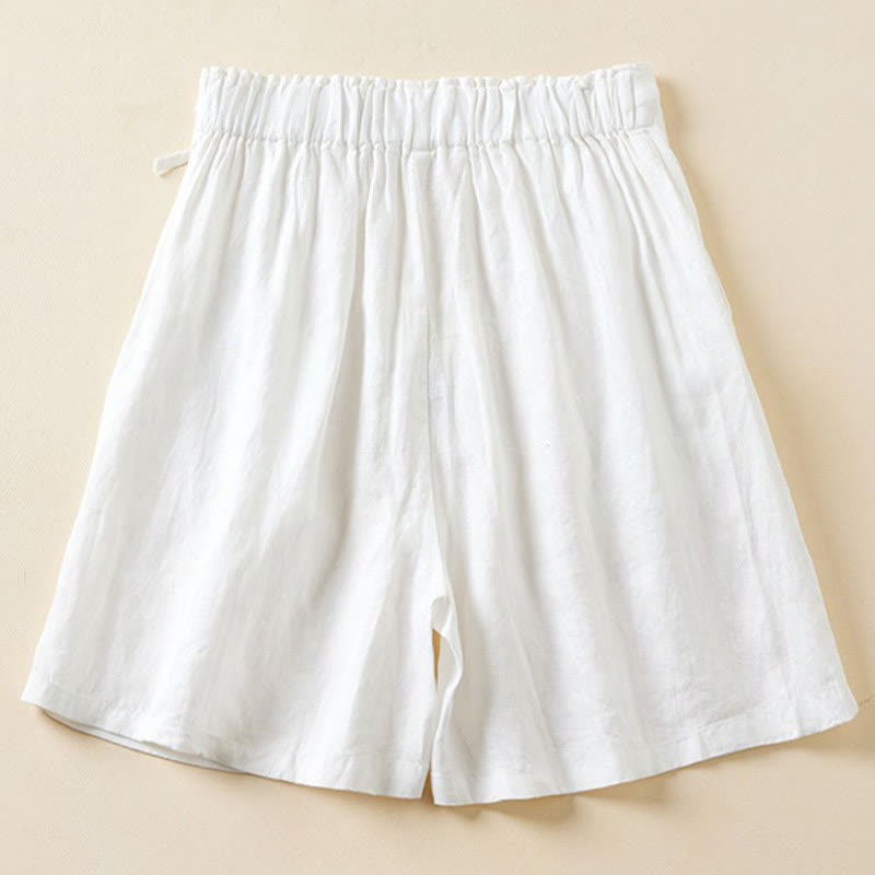 Buddha Stones Solid Color Two Buttons Lace-up Cotton Linen Women's Shorts With Pockets