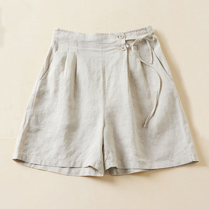 Buddha Stones Solid Color Two Buttons Lace-up Cotton Linen Women's Shorts With Pockets