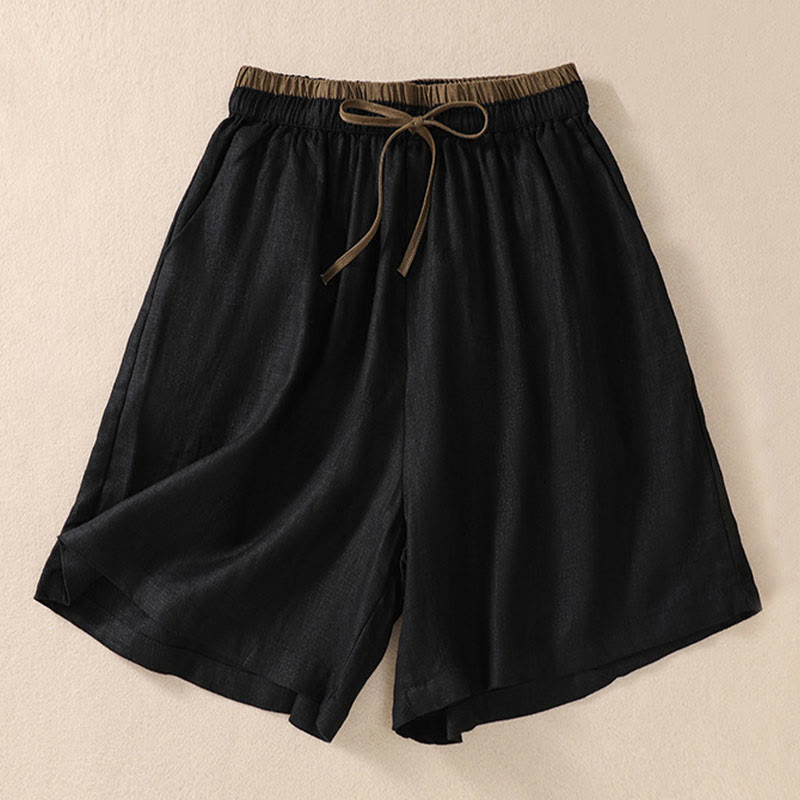 Buddha Stones Solid Color Contrast Color Waist Lace-up Cotton Linen Women's Shorts With Pockets - Black - US8-10，UK/AU12-14，EU40-42 (2XL) - image 9
