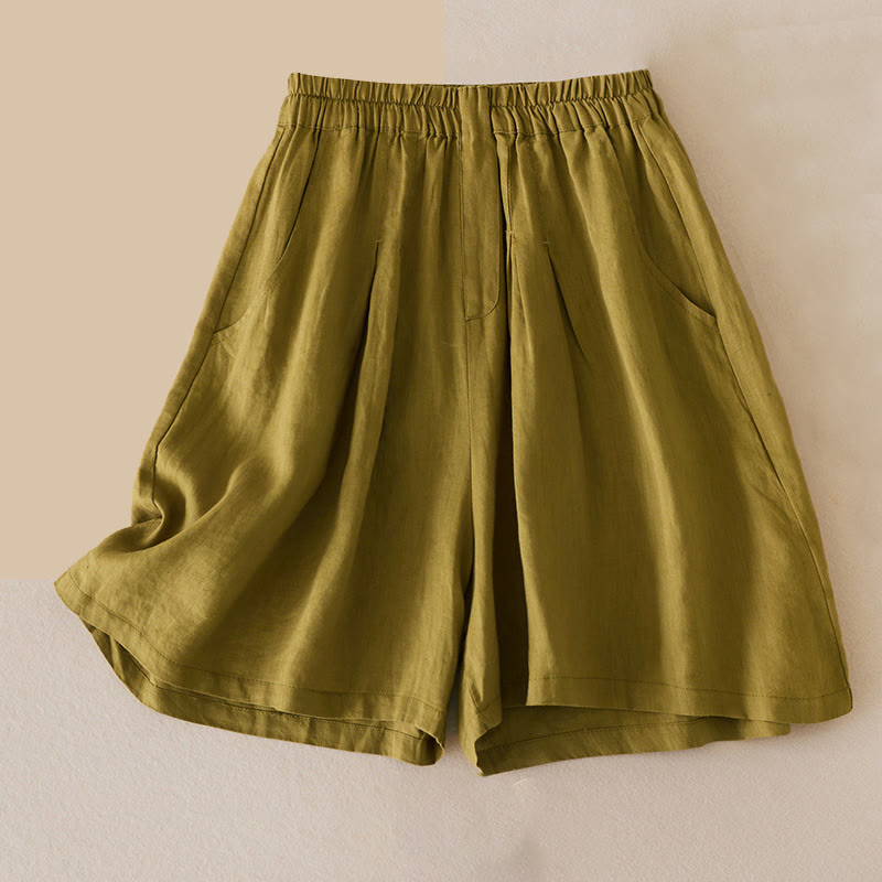 Buddha Stones Casual Solid Plain Color Cotton Linen Women's Shorts With Pockets