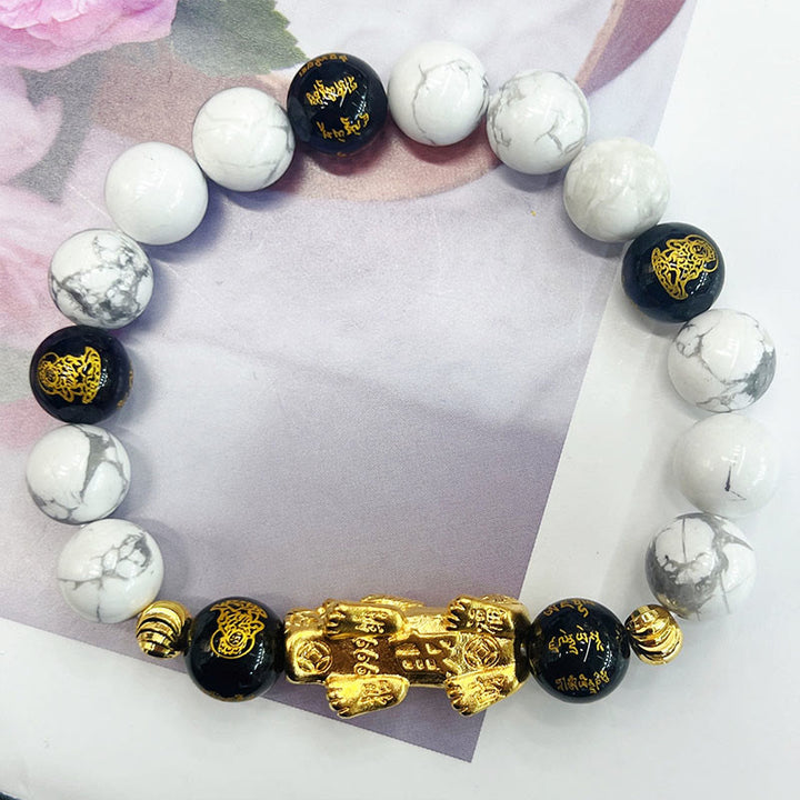 Buddha Stones Vintage White Turquoise Black Onyx Pixiu Beads Blessing Bracelet