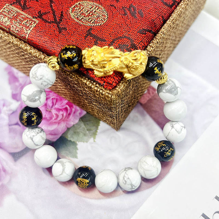 Buddha Stones Vintage White Turquoise Black Onyx Pixiu Beads Blessing Bracelet