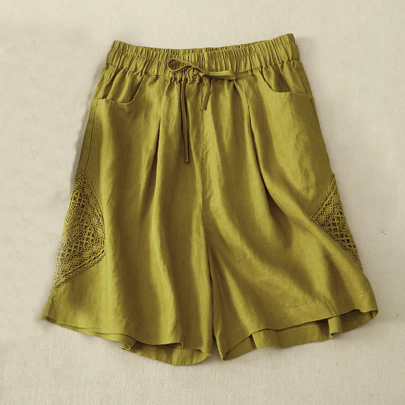 Buddha Stones Casual Solid Color Side Hollow Design Lace-up Cotton Linen Women's Shorts With Pockets