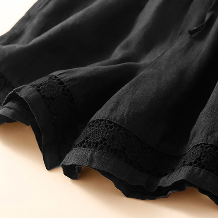 Buddha Stones Plain Color Bottom Hollow Lace Design Lace-up Cotton Women's Shorts With Pockets - image 33