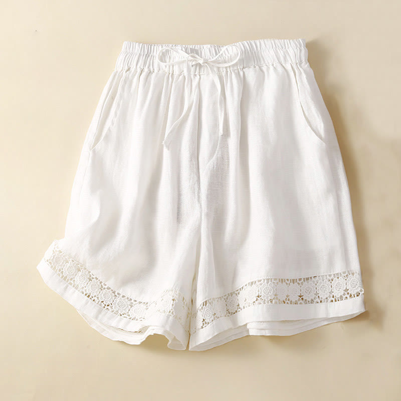 Buddha Stones Plain Color Bottom Hollow Lace Design Lace-up Cotton Women's Shorts With Pockets - White - US12，UK/AU16，EU44 (3XL) - image 10