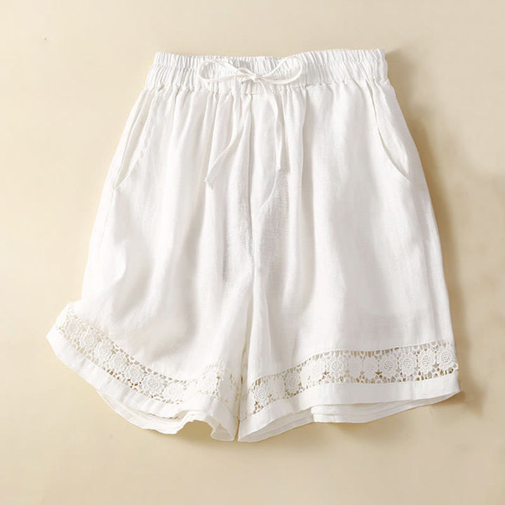 Buddha Stones Plain Color Bottom Hollow Lace Design Lace-up Cotton Women's Shorts With Pockets - White - US12，UK/AU16，EU44 (3XL) - image 10