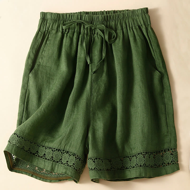 Buddha Stones Plain Color Bottom Hollow Lace Design Lace-up Cotton Linen Women's Shorts With Pockets